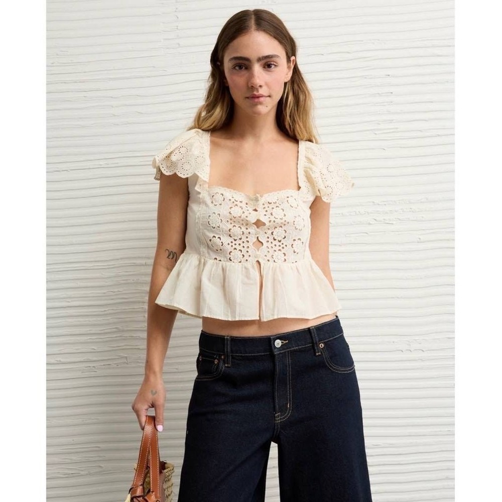 American Eagle Cap Sleeve Cream Eyelet Lace Blouse Cotton Boho Size XL